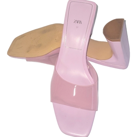 Zara Clear Vinyl Pink Wide Heels Clear Strap Leather Insole UK Size 37 Sandals - Picture 7 of 9